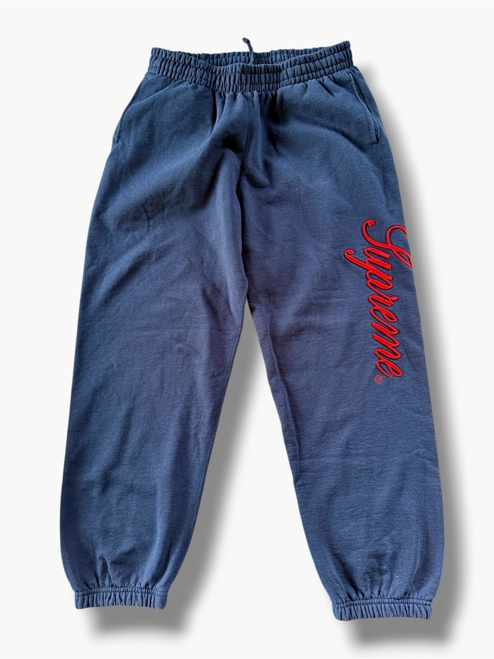 Supreme Raised Script Sweatpants Joggers Size Large Navy Blue Cotton